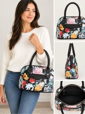 Stone & Co Floral Satchel Handbag Black Colorful Flower Print